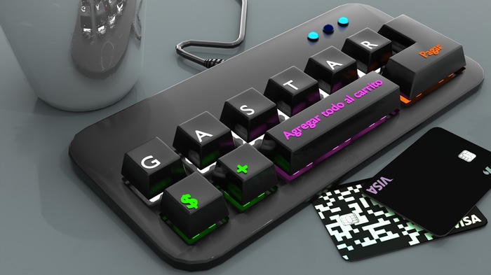 Keyboard with payment keys and credit cards