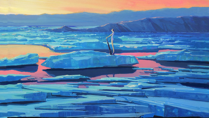 Antarcticite standing on ice floes in a pink sea