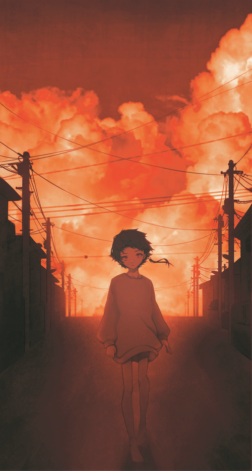 Lain Iwakura walks down a street with a red sky