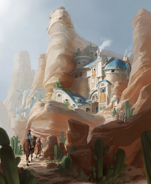 Fantasy desert settlement with camels and meerkats