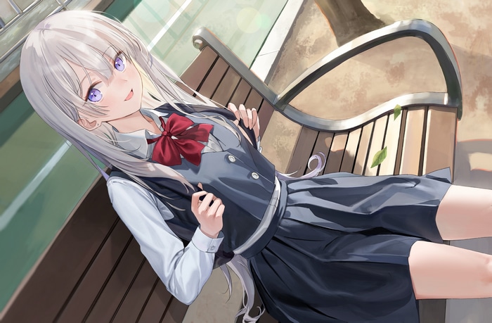 Anime girl with silver hair and purple eyes on a bench