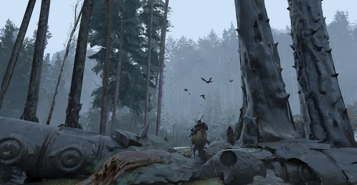 Liang Mark in a fantasy forest with ruins and birds