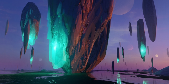 Floating crystalline rocks in a surreal landscape