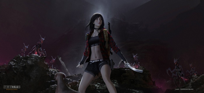 Asian woman with sword and dog facing monsters