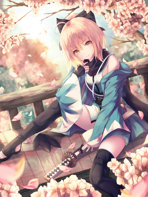 Okita Souji in Fate/Grand Order with Cherry Blossoms