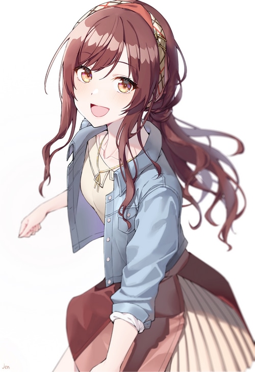 Anime girl with brown hair and blue jacket