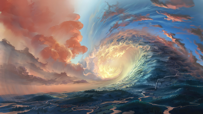 4K landscape of a swirling vortex of clouds and light