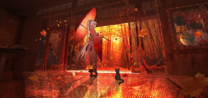 Niliu Chahui with umbrella and cat in fall