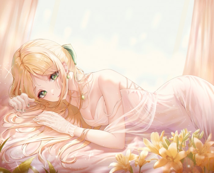 Anime girl with blonde hair and green eyes in a dress