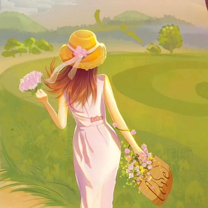 Woman in a straw hat walking in a field