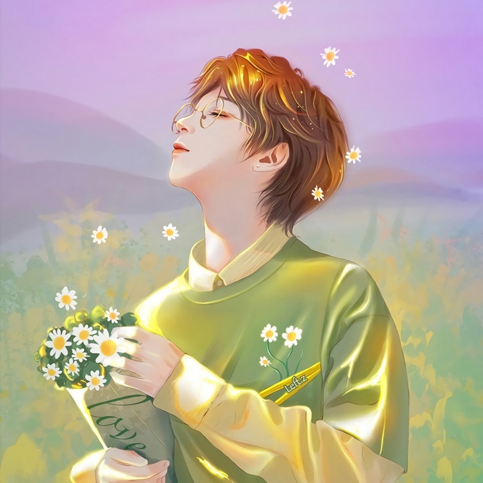 Artwork of a person holding flowers