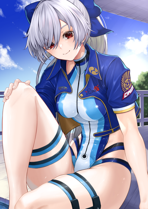 Tomoe Gozen in a blue swimsuit and jacket