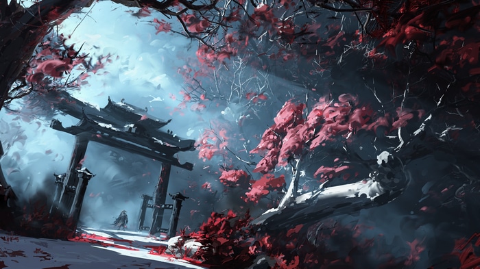 Fantasy Torii Gate with Red Leaves and Mist