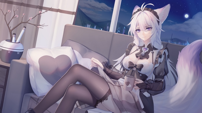 4K anime girl with fox ears and tail on couch