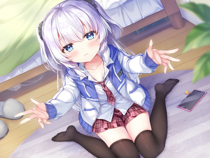 4K anime girl with silver hair and blue eyes kneeling