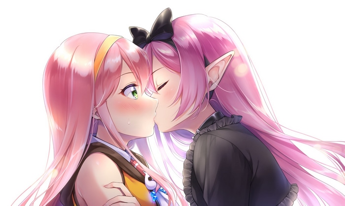 Two anime girls with pink hair kissing