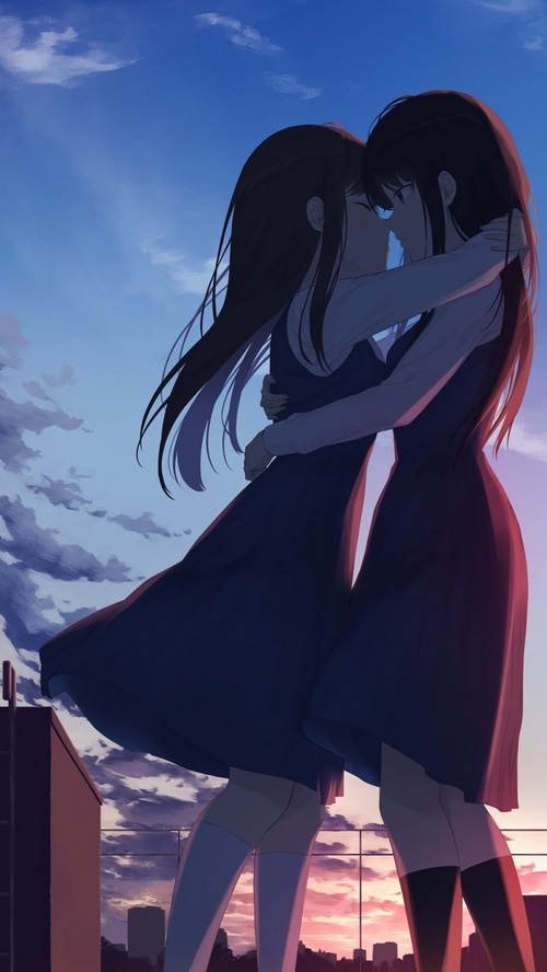Two girls in school uniforms embracing at sunset