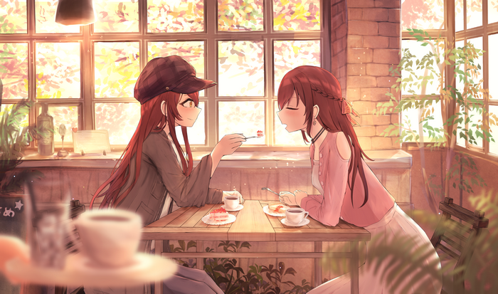 Oosaki Tenka and Oosaki Amana in a cafe