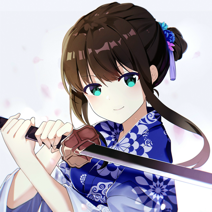 Shibuya Rin holding a katana in a blue yukata