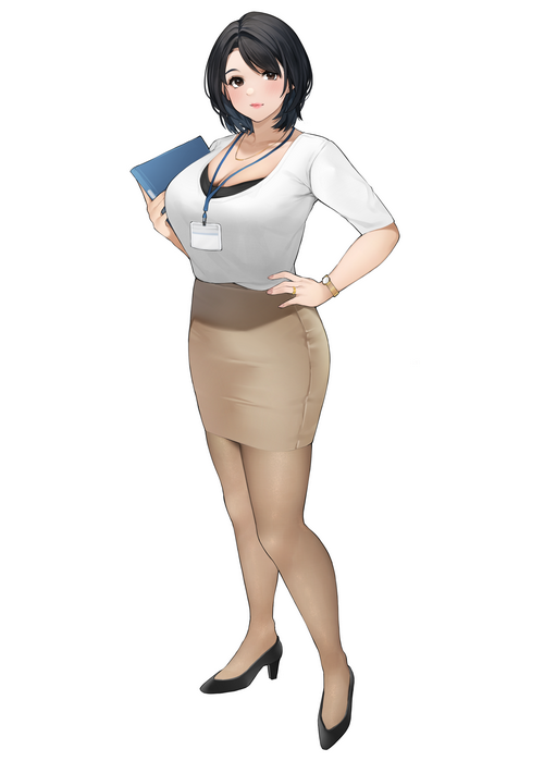 Curvy office girl with short black hair holding a blue folder