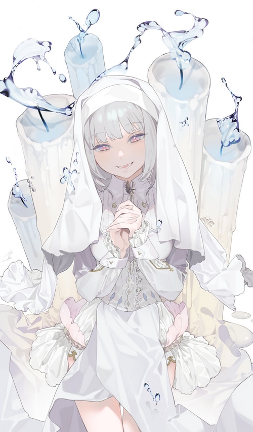 Anime nun with water splashes and candles