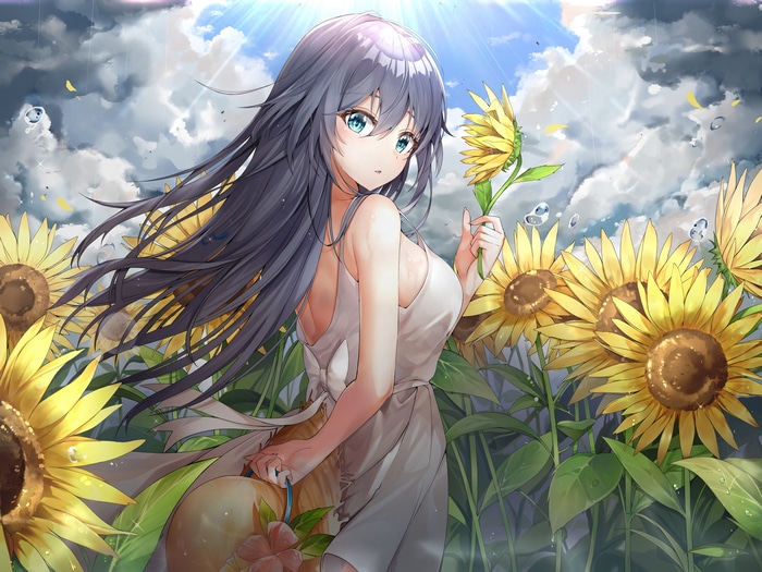 Fu Hua in a white dress in a sunflower field