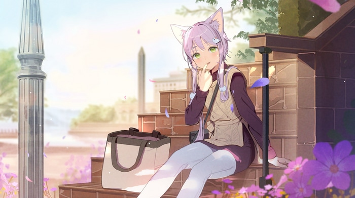 Anime girl with cat ears sitting on steps