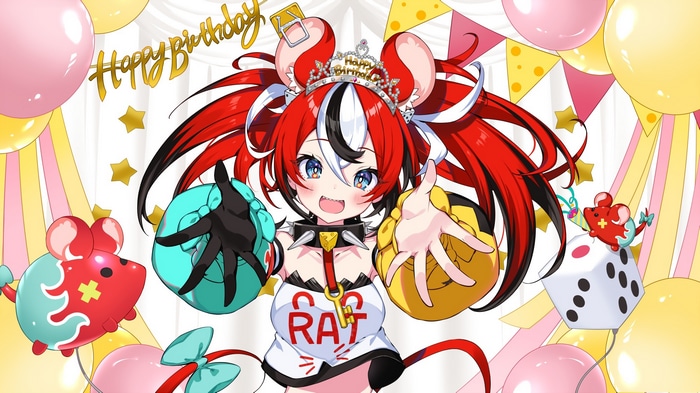 Hakos Baelz Birthday Celebration with Balloons and Dice