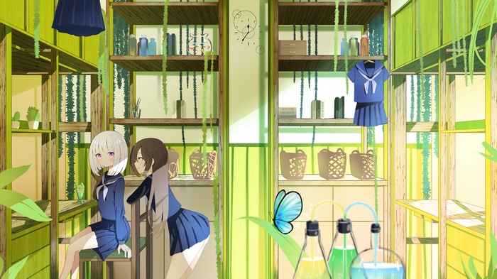 Two anime girls in school uniforms with a butterfly