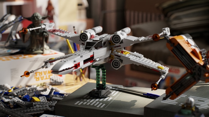 LEGO Star Wars X-wing on a display stand
