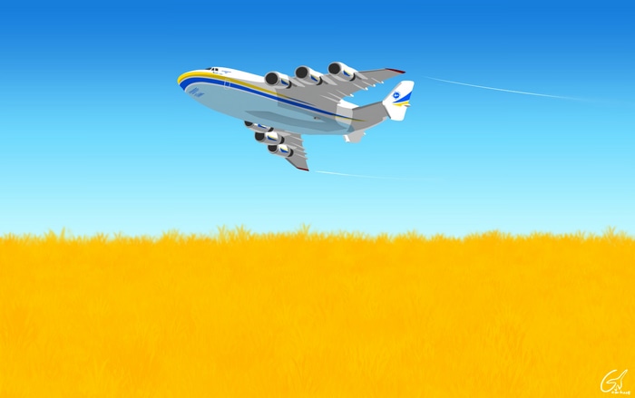 4K Antonov An-225 Mriya flying over a field