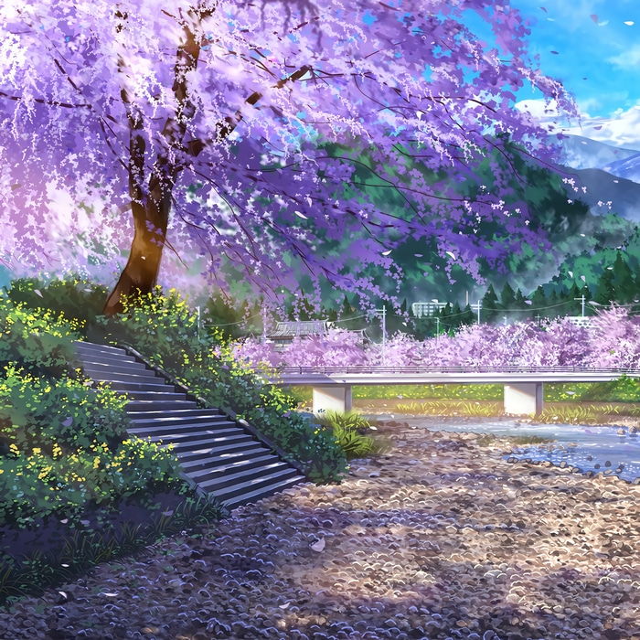 Anime scene with cherry blossoms and a bridge