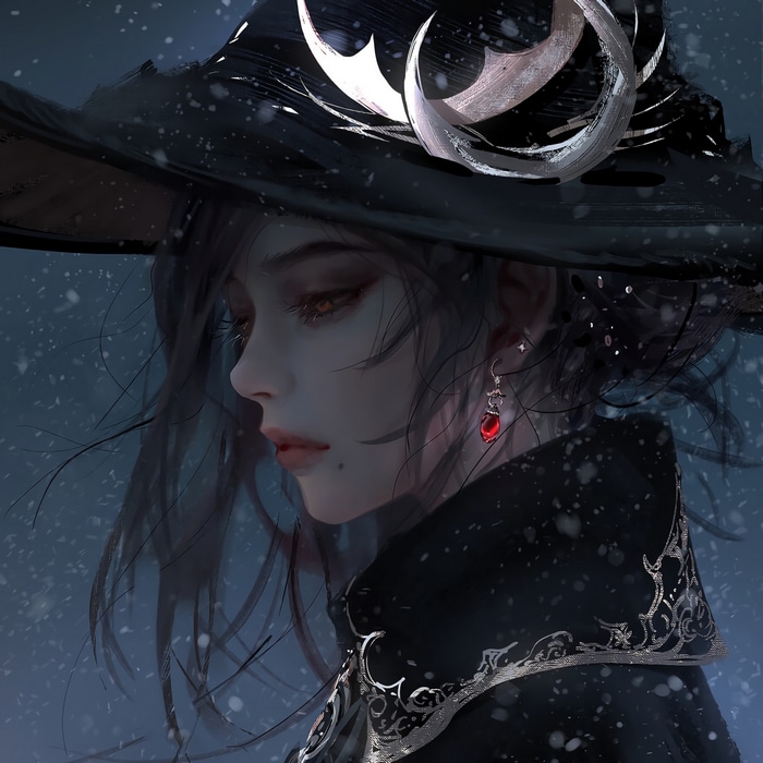 Artwork of a witch in the snow