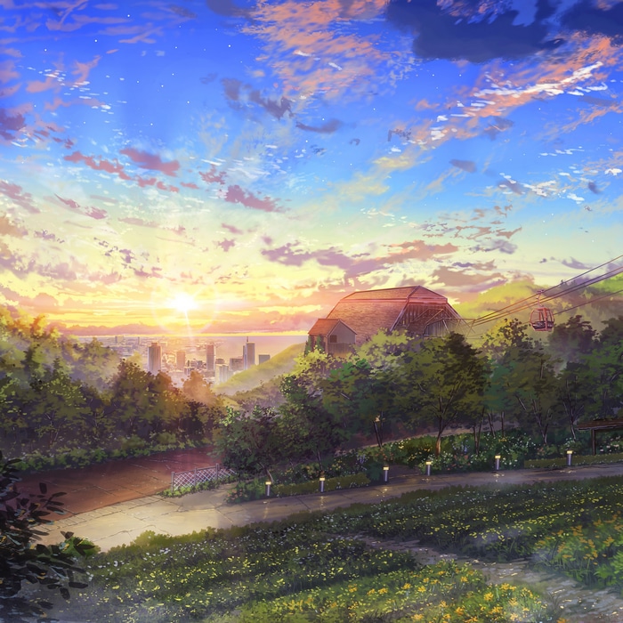 Anime landscape with city and cable car at sunset