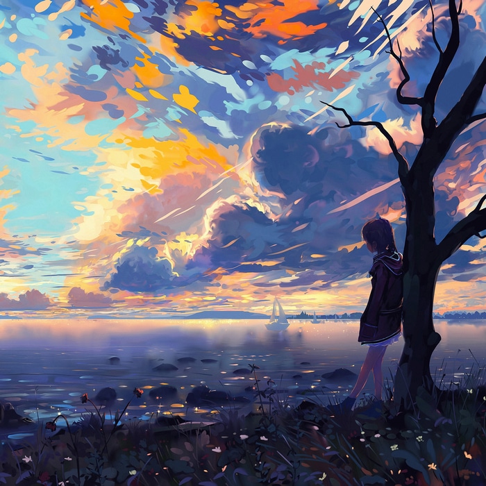Girl leaning on a tree by the sea at sunset