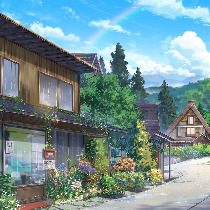Anime village with houses and flowers under a rainbow