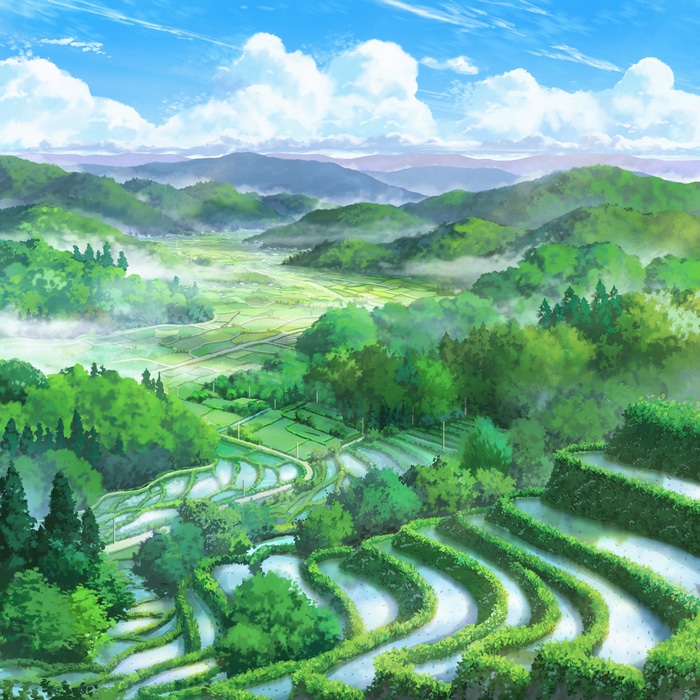 Anime landscape of terraced rice fields and mountains