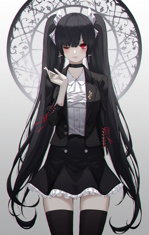 Anime girl with black hair and red eyes in a suit