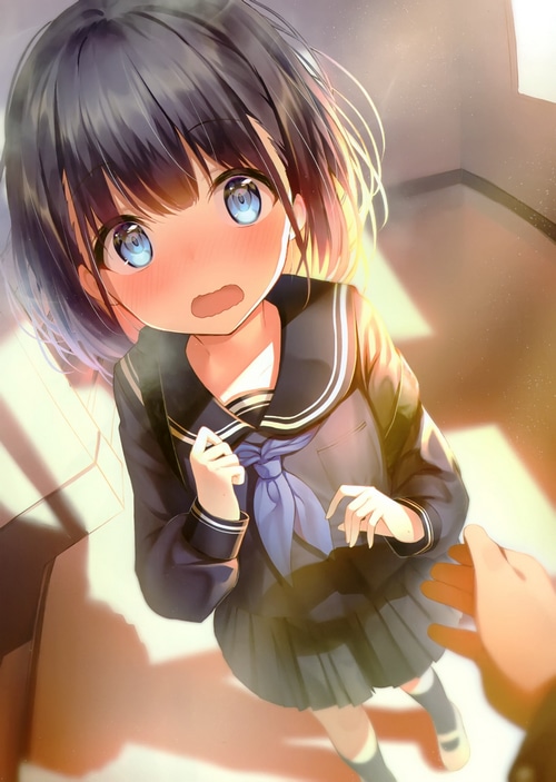 Anime girl in school uniform with blue eyes and dark hair