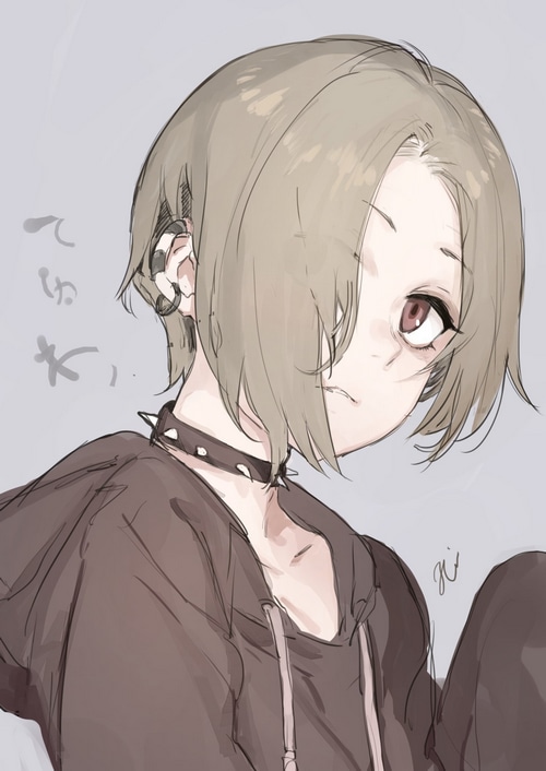 Anime girl with short brown hair and choker