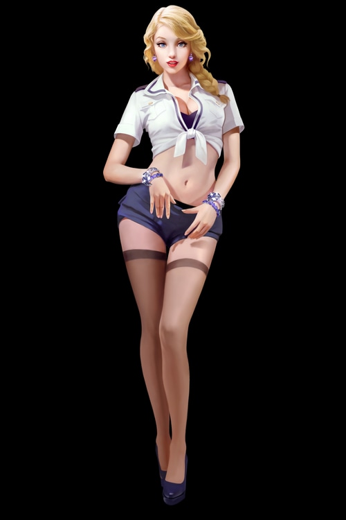 Pinup model in white top and blue shorts