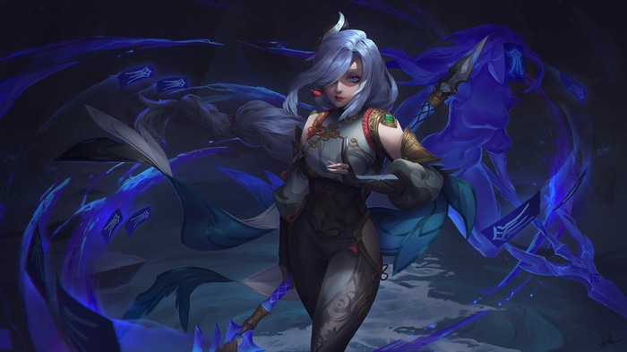 Shenhe from Genshin Impact with blue spectral energy