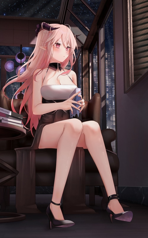 Pink-haired demon girl in a dress sitting by the window