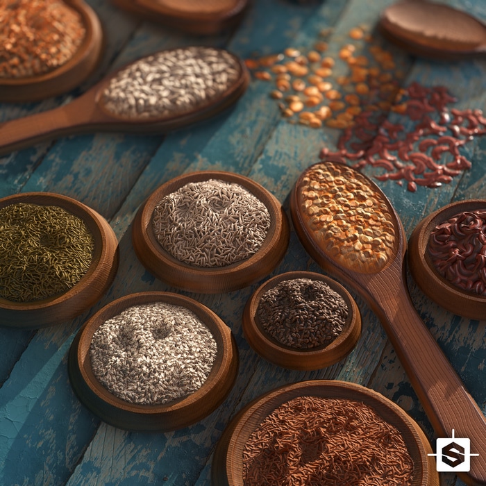 Various spices and grains in wooden bowls and spoons