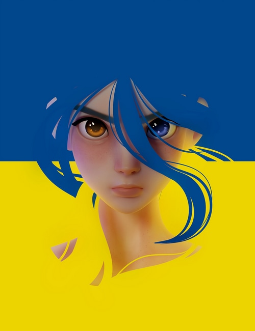 Anime girl with blue hair against Ukraine flag