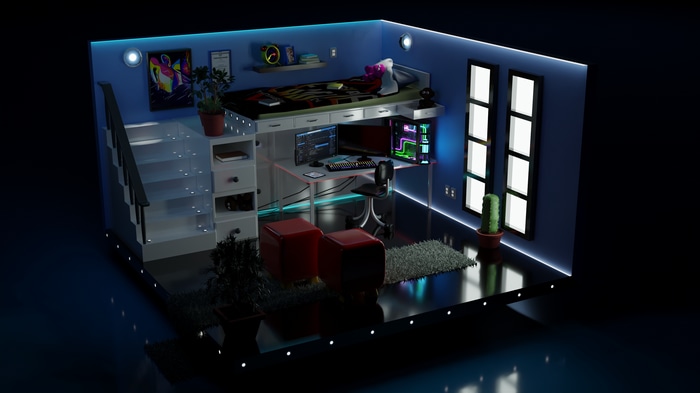4K PC Gaming Room with Loft Bed and Computer Setup