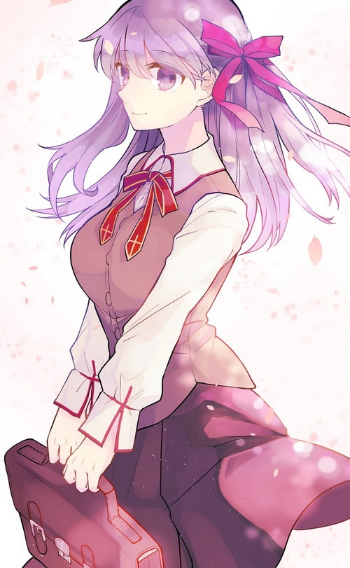 Matou Sakura in school uniform with purple hair