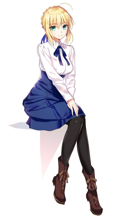 Saber Artoria Pendragon in white shirt and blue skirt