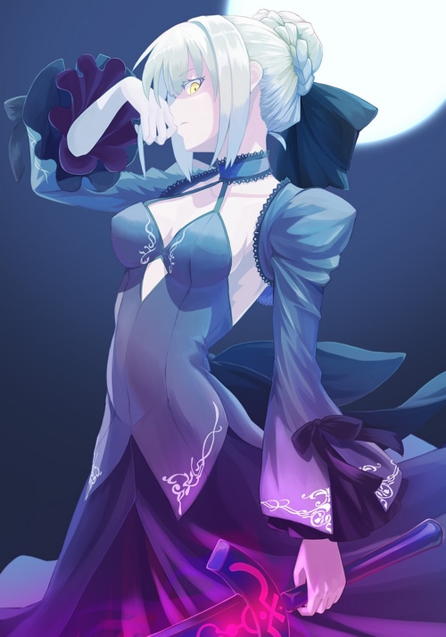 Saber Alter with a glowing sword under the moon
