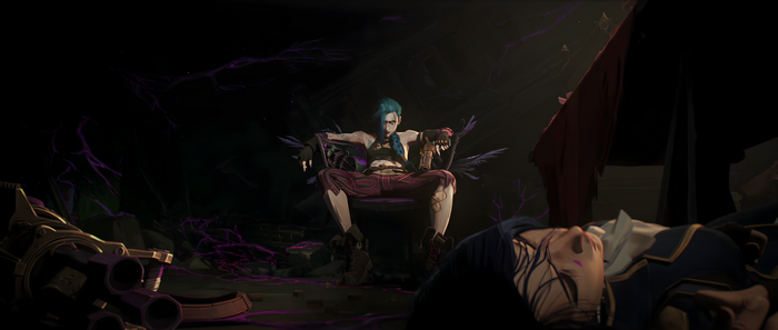 Jinx in Arcane sits on a throne with Caitlyn lying on the floor